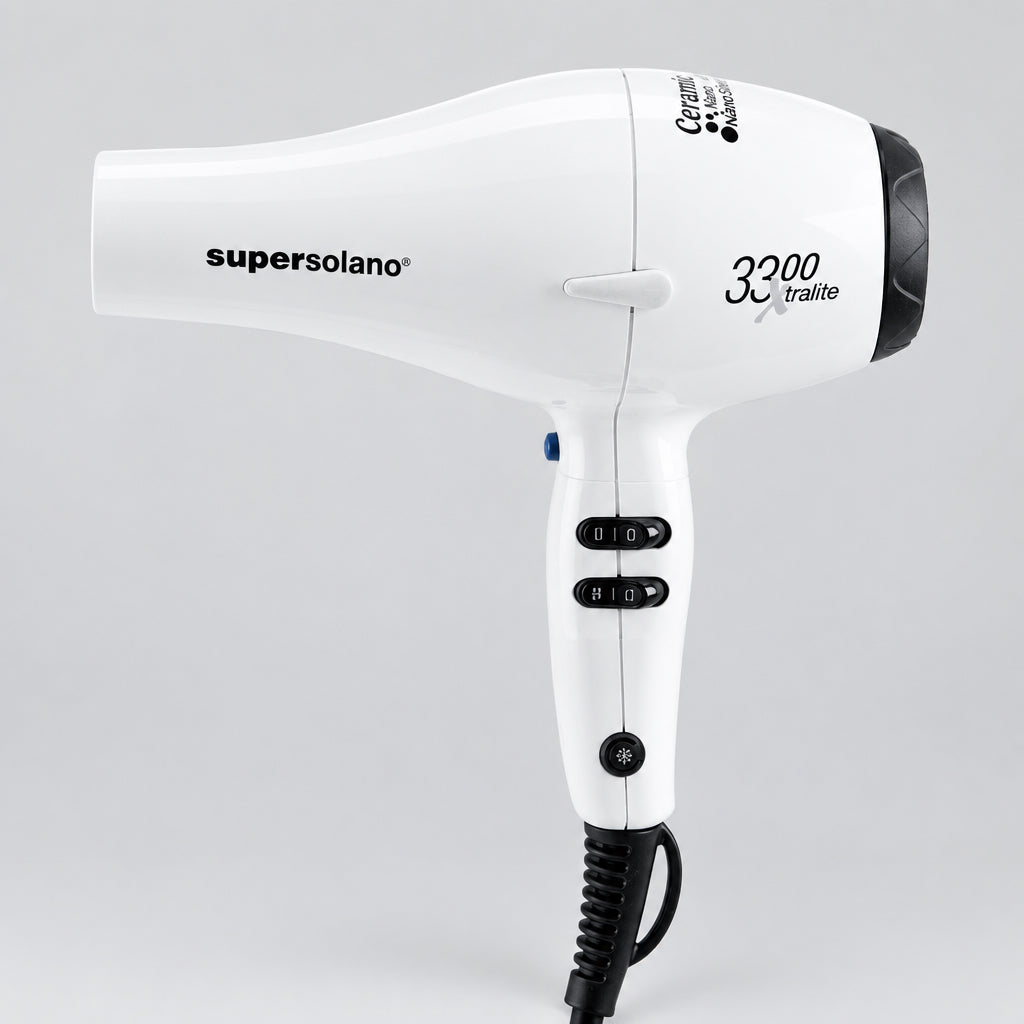 A white Supersolano 3200 W hair dryer with black accents, buttons, and cord, shown against a plain white background.